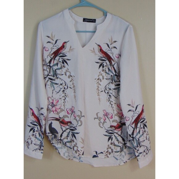 Chinese Asian Blouse Top Womens Small V-Neck Red Bird Detail Pleated White S - Picture 9 of 10